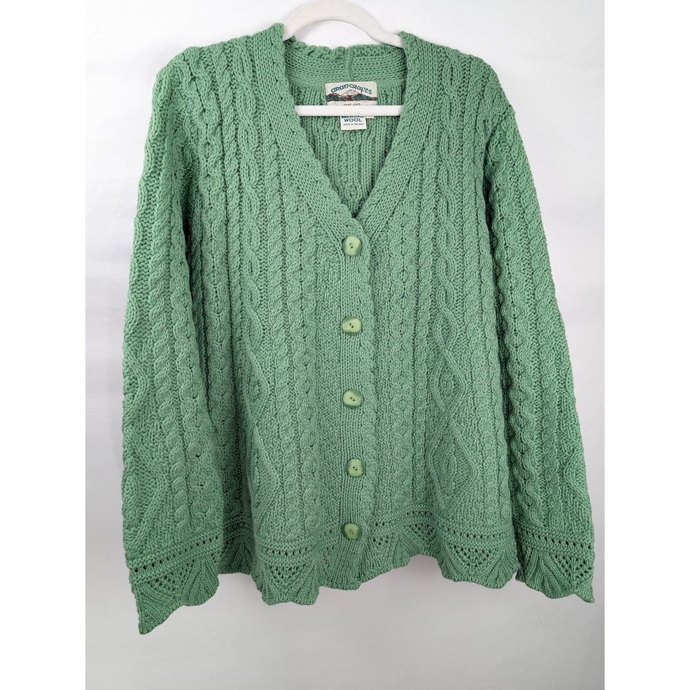 Aran Crafts 100% Merino Wool Button Cardigan Size L Green Cable Knit Ireland